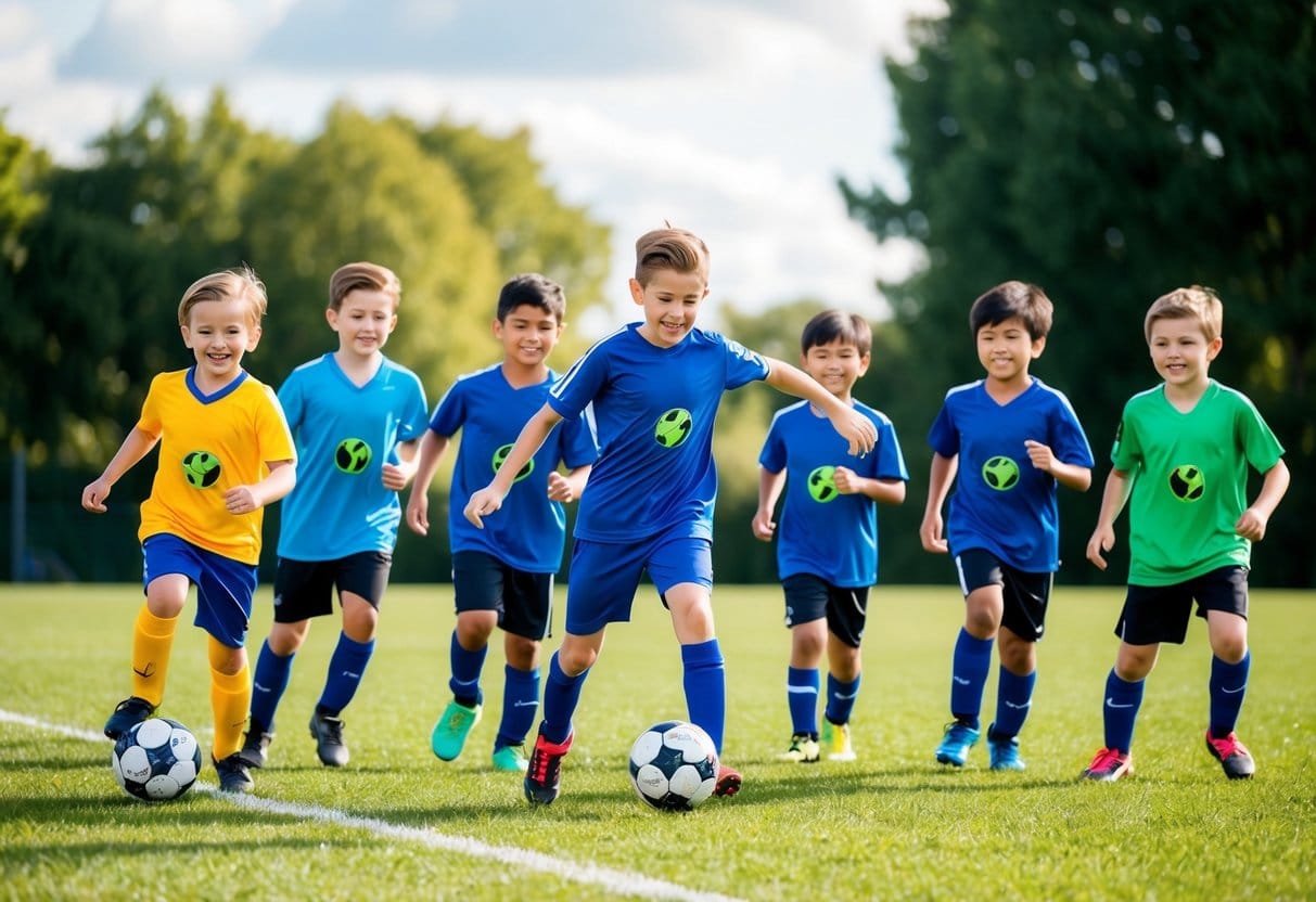 A group børn der lykkeligt spiller fodbold på en mark alle iført genbrugt fodboldudstyr hvilket viser effekten af at genbruge sportstøj